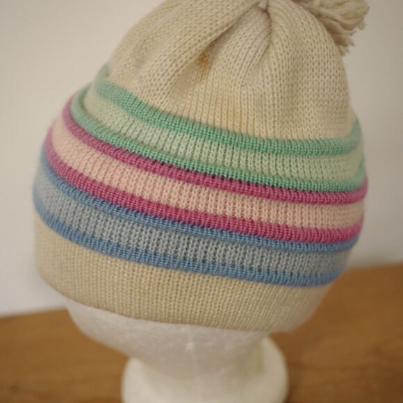Vintage SMILEY Blue Purple Stripe 100% Wool Womens USA Ski Knit Cap Hat S-M main image 4